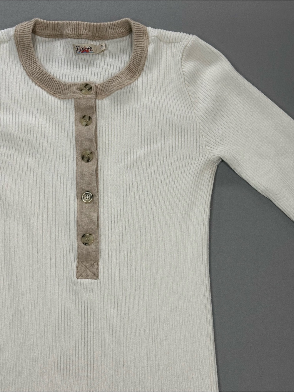Faherty Mikki Henley Ribbed Sweater w/ Neutral Colorblocking - Fits XS (Label S) - Picture 3 of 15